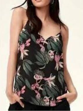 Babaton Black Floral Silk-Feel Cami with Green Leaves and Pink Blooms XS